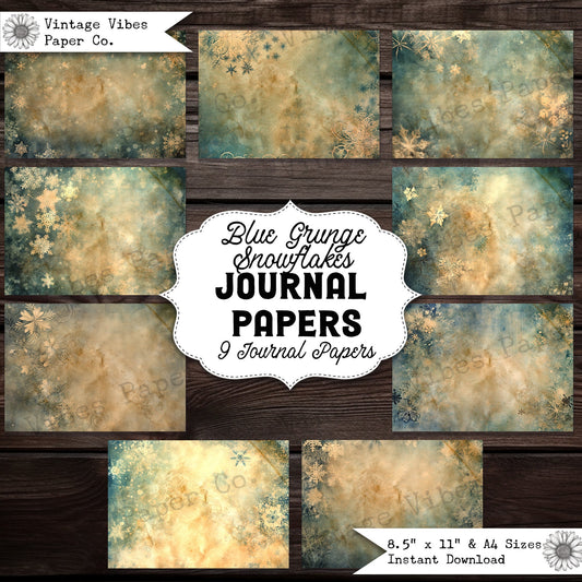 Blue Snowflake grunge Vintage junk journal papers, digital instant download printable papers, mixed media background papers for christmas