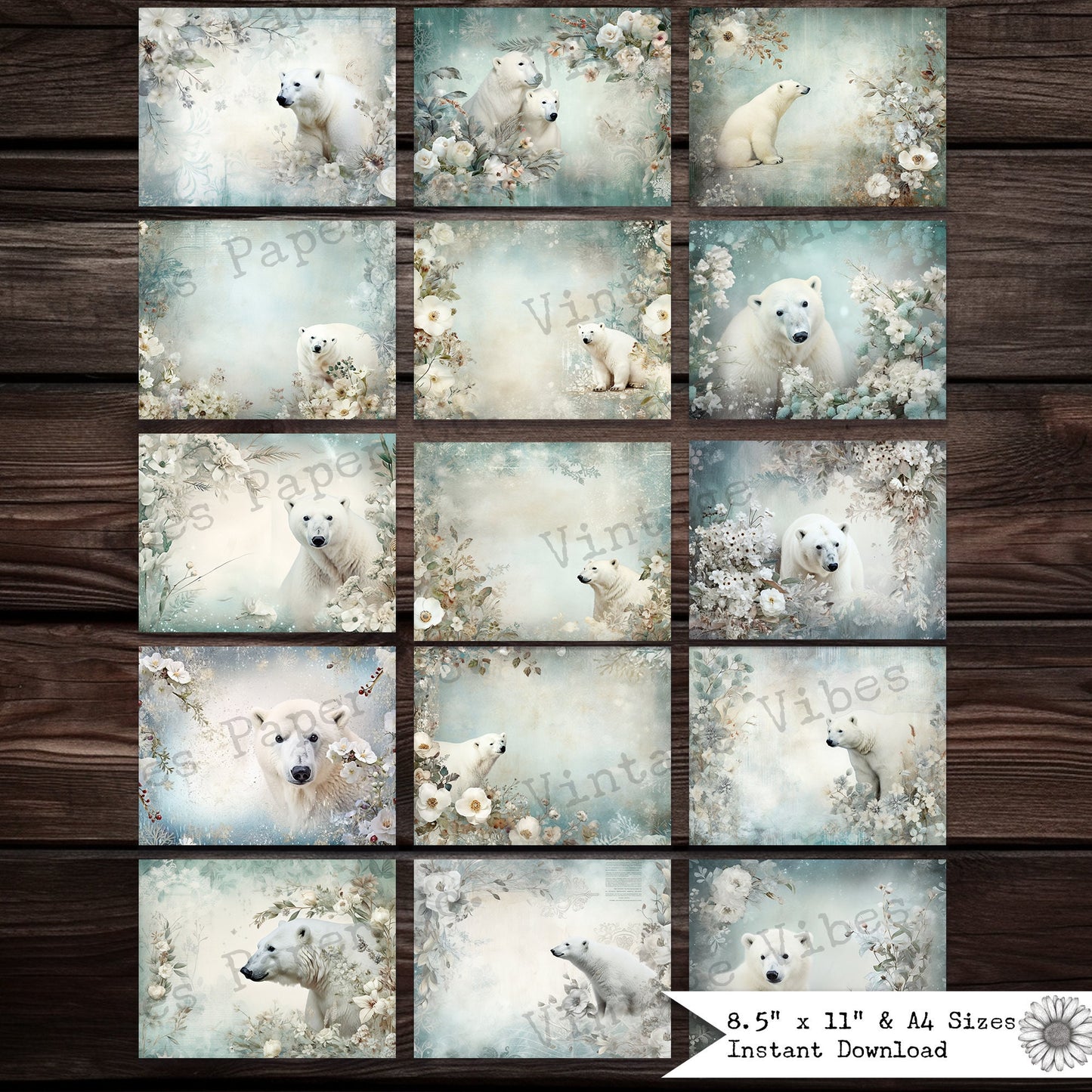 Floral Polar Bear Vintage junk journal papers, digital instant download printable papers, vintage style background papers for junk journals