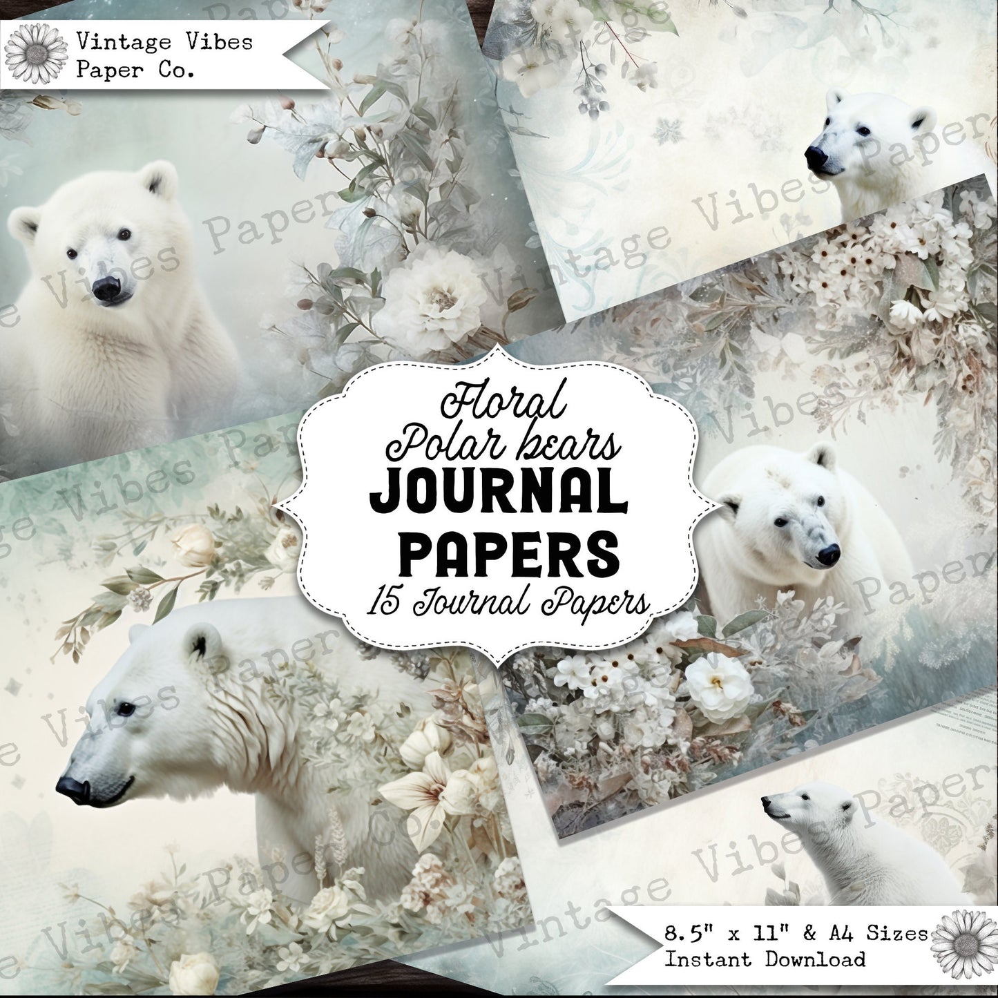 Floral Polar Bear Vintage junk journal papers, digital instant download printable papers, vintage style background papers for junk journals