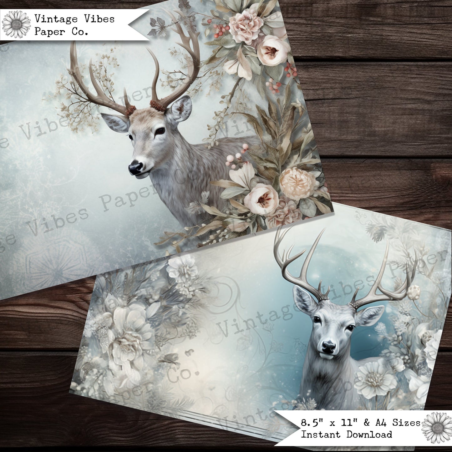 Junk journal papers floral reindeer, digital christmas printable papers, vintage deer festive junk journal pages, winter journal spread