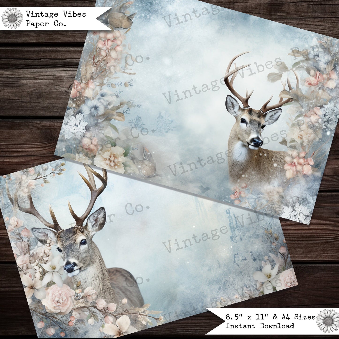 Junk journal papers floral reindeer, digital christmas printable papers, vintage deer festive junk journal pages, winter journal spread