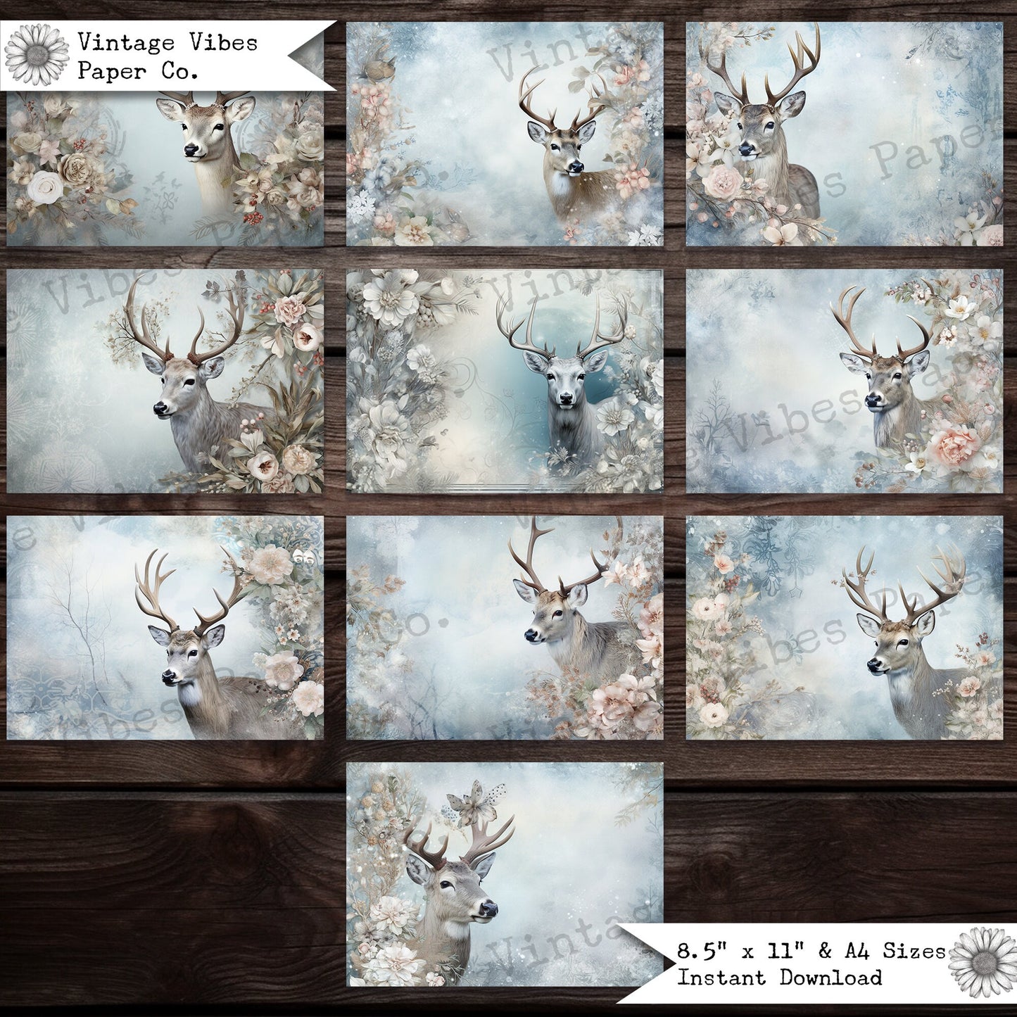 Junk journal papers floral reindeer, digital christmas printable papers, vintage deer festive junk journal pages, winter journal spread