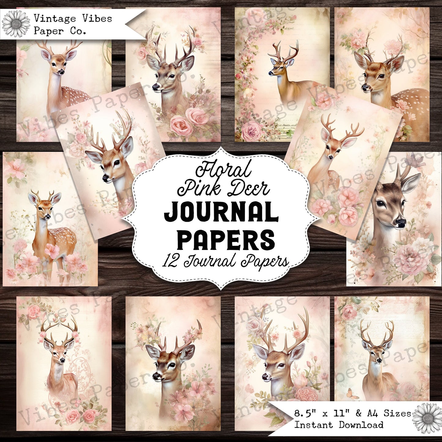 Vintage Junk journal, pink Christmas floral Reindeer junk journal papers, animal junk journal printable papers,digital collage paper