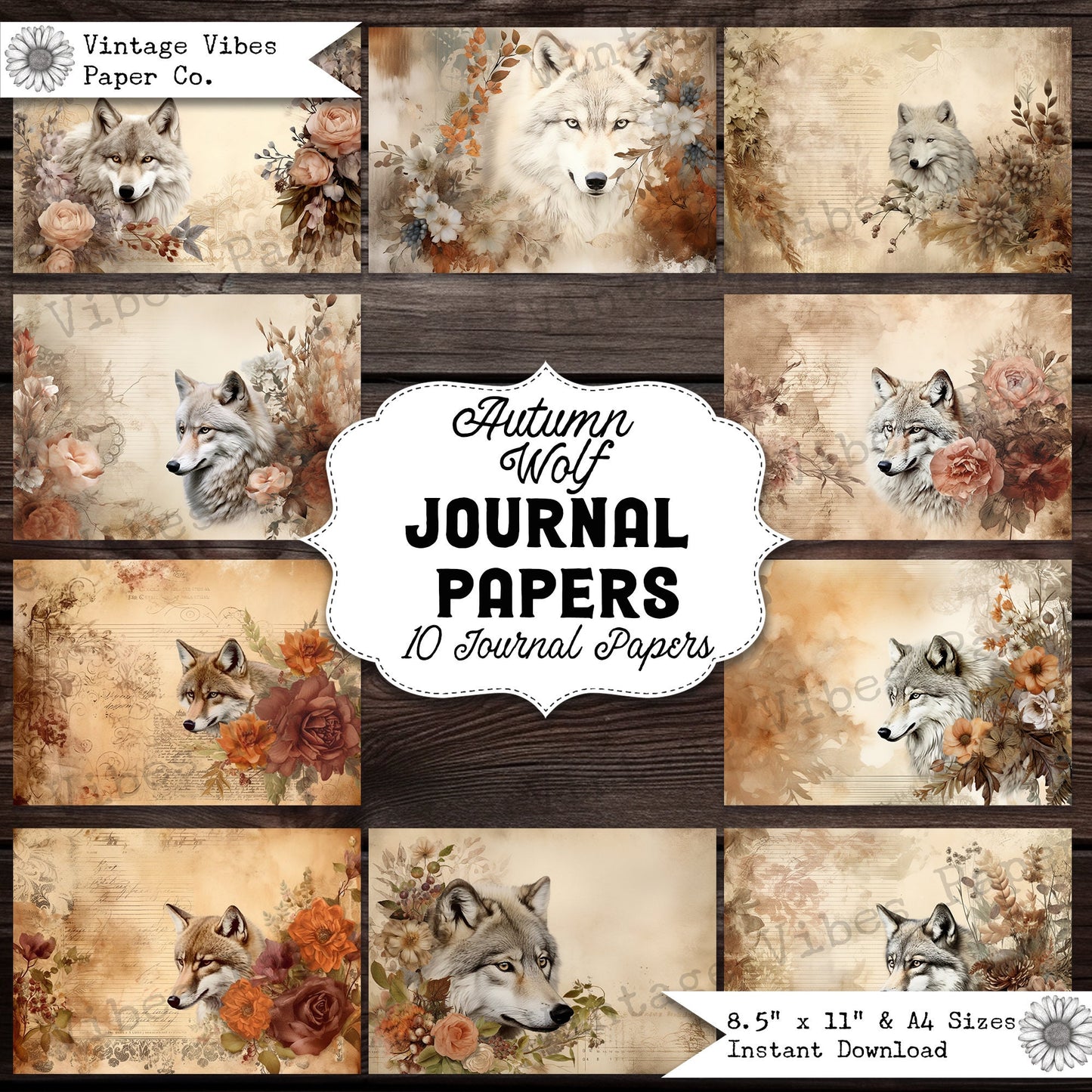 Autumn wolf junk journal papers, fall themed wolves digital printable paper pack for Autumn themed junk journals and craft projects