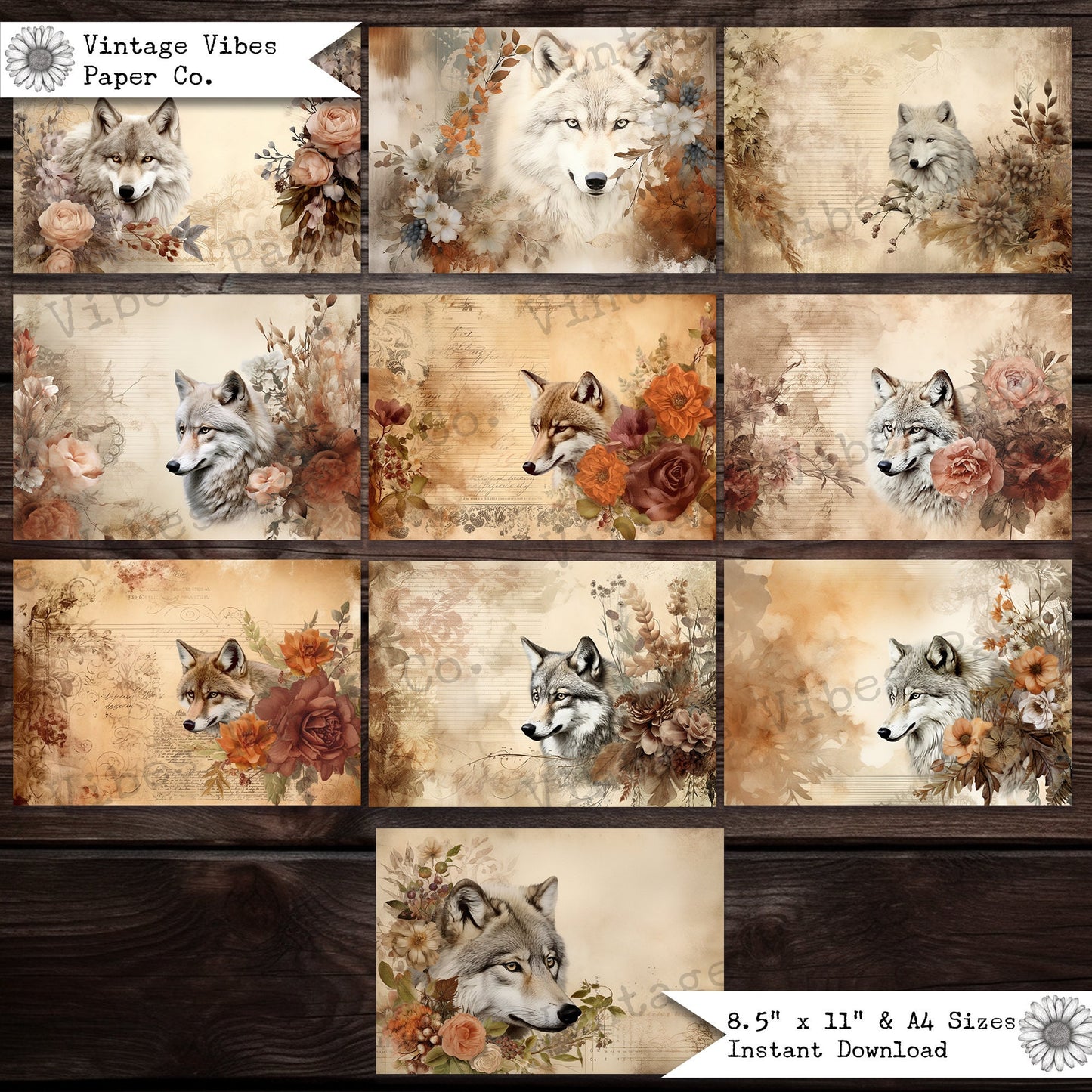 Autumn wolf junk journal papers, fall themed wolves digital printable paper pack for Autumn themed junk journals and craft projects