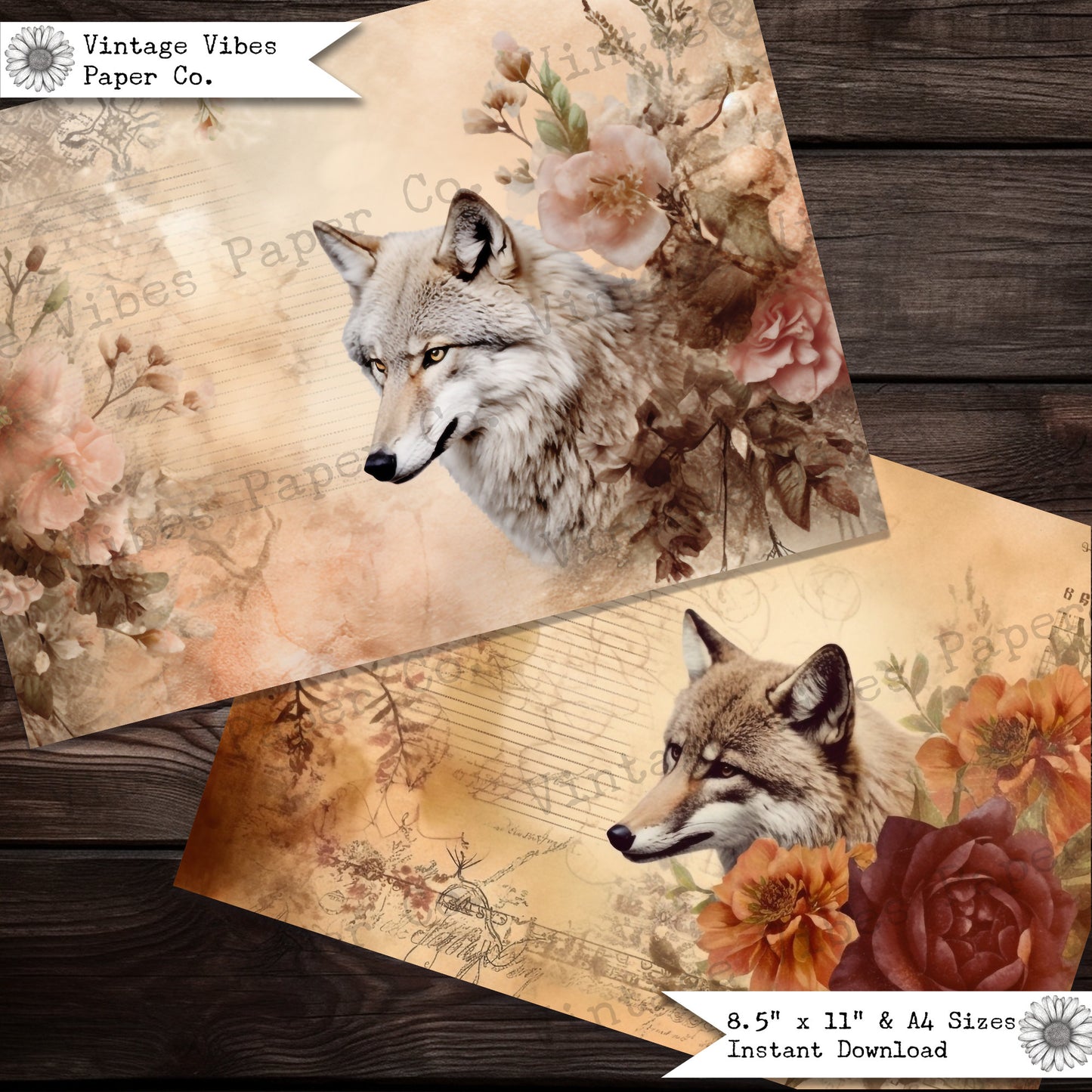 Junk journal papers Autumn wolf digital paper pack, junk journal collage sheets, perfect for fall themed junk journals & scrapbooking