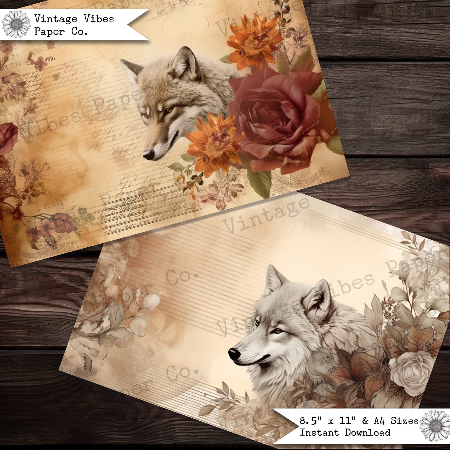 Junk journal papers Autumn wolf digital paper pack, junk journal collage sheets, perfect for fall themed junk journals & scrapbooking