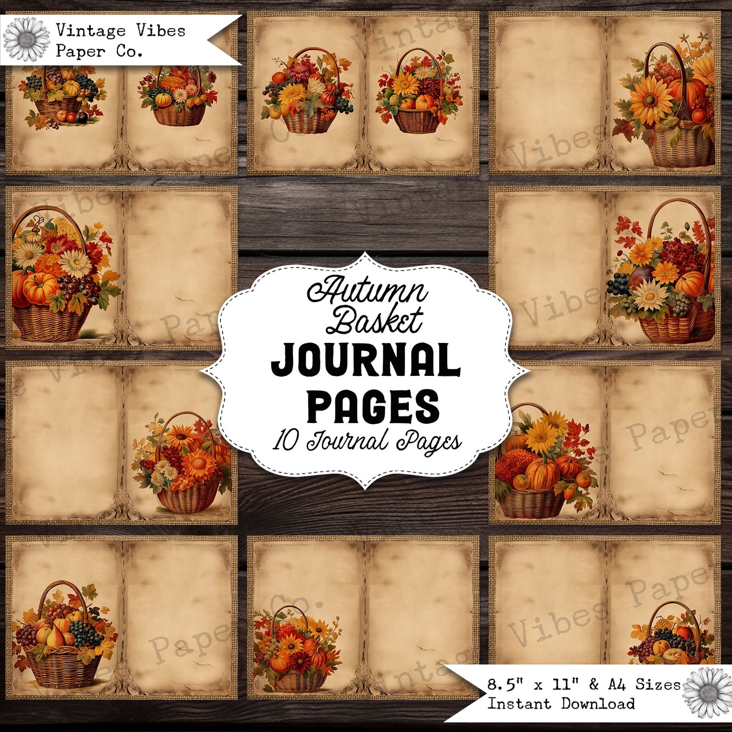 Junk journal pages Autum basket, digital junk journal paper kit for fall, 10 pages fall flowers vintage junk journal kit,Autumn junk journal