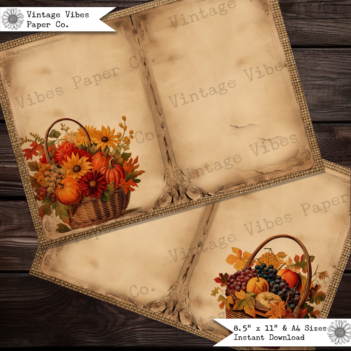 Junk journal pages Autum basket, digital junk journal paper kit for fall, 10 pages fall flowers vintage junk journal kit,Autumn junk journal