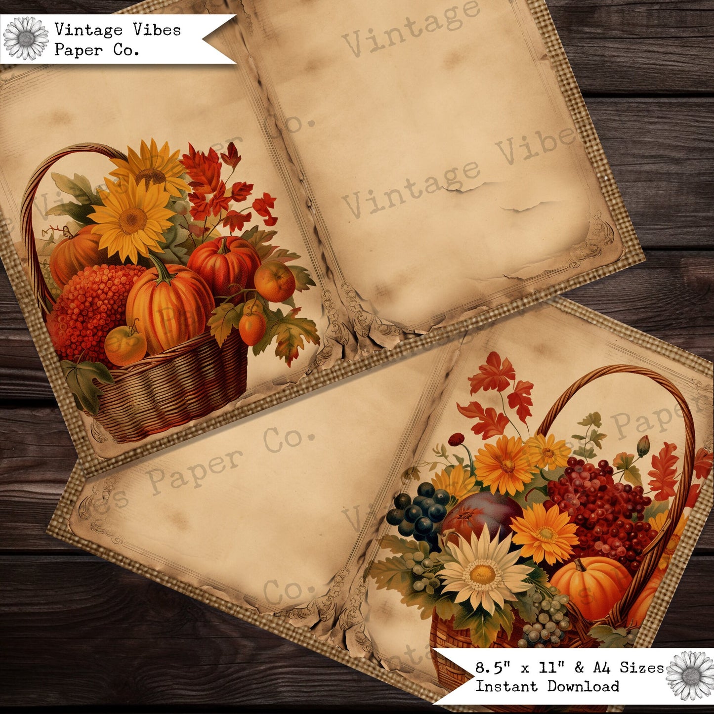 Junk journal pages Autum basket, digital junk journal paper kit for fall, 10 pages fall flowers vintage junk journal kit,Autumn junk journal