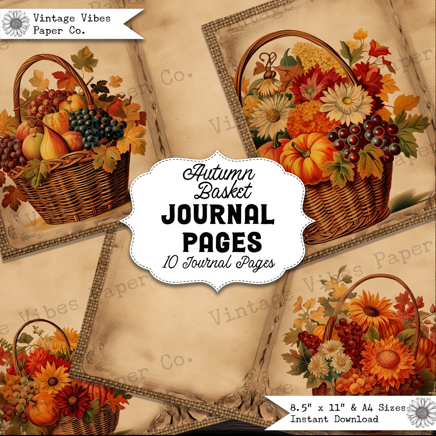 Junk journal pages Autum basket, digital junk journal paper kit for fall, 10 pages fall flowers vintage junk journal kit,Autumn junk journal