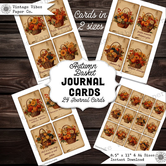 Autumn junk journal cards, fall junk journal printable digital ephemera kit, autumn themed journaling cards, Autumn basket card topper