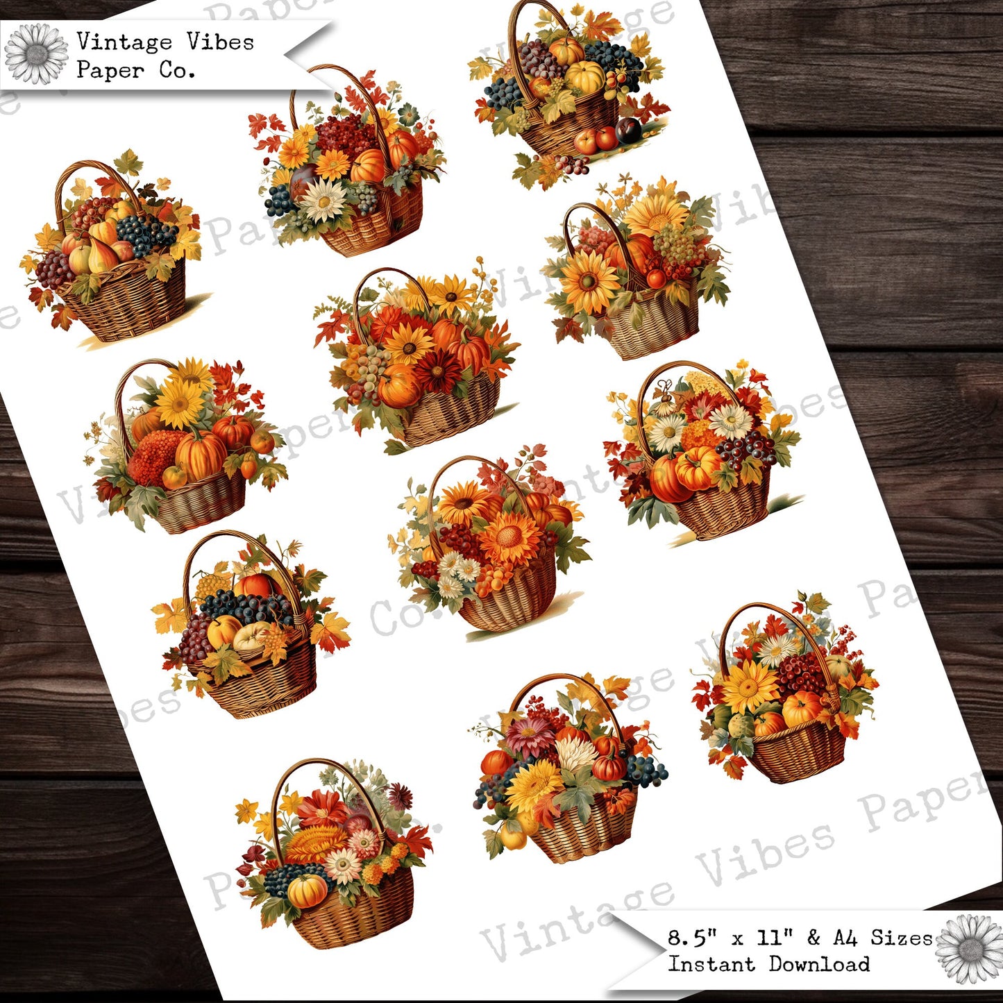 Autumn fussy cut ephemera for junk journals, Fall baskets with autumn flowers & pumpkins, beautiful autumn basket junk journal ephemera