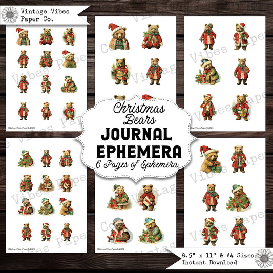 Christmas bear fussy cuts for junk journals, cute festive vintage victorian bears, digital printable animal ephemera for winter junk journal