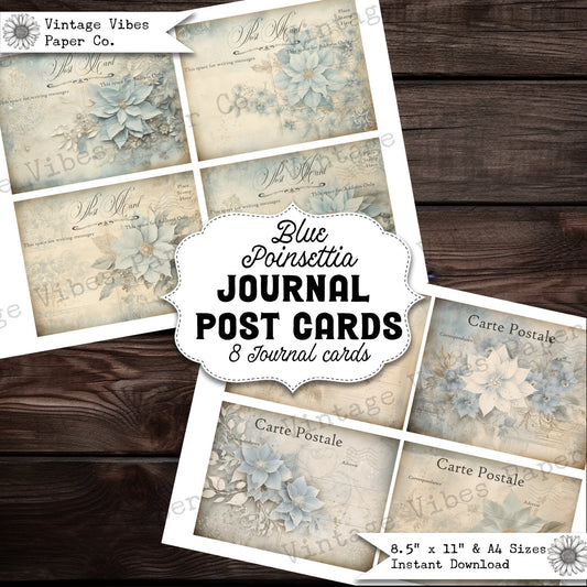 Junk journal ephemera postcards shabby poinsettia, vintage christmas botanical junk journal cards, digital printable ehemera kit 8 postcards