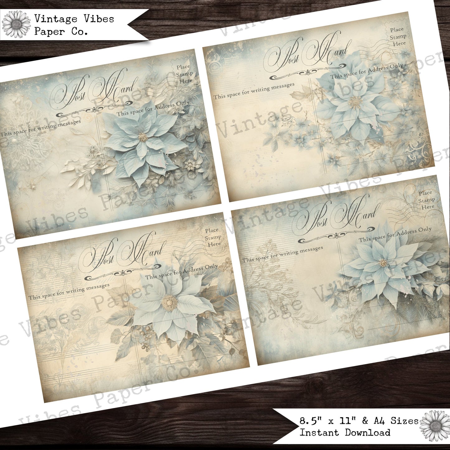 Junk journal ephemera postcards shabby poinsettia, vintage christmas botanical junk journal cards, digital printable ehemera kit 8 postcards