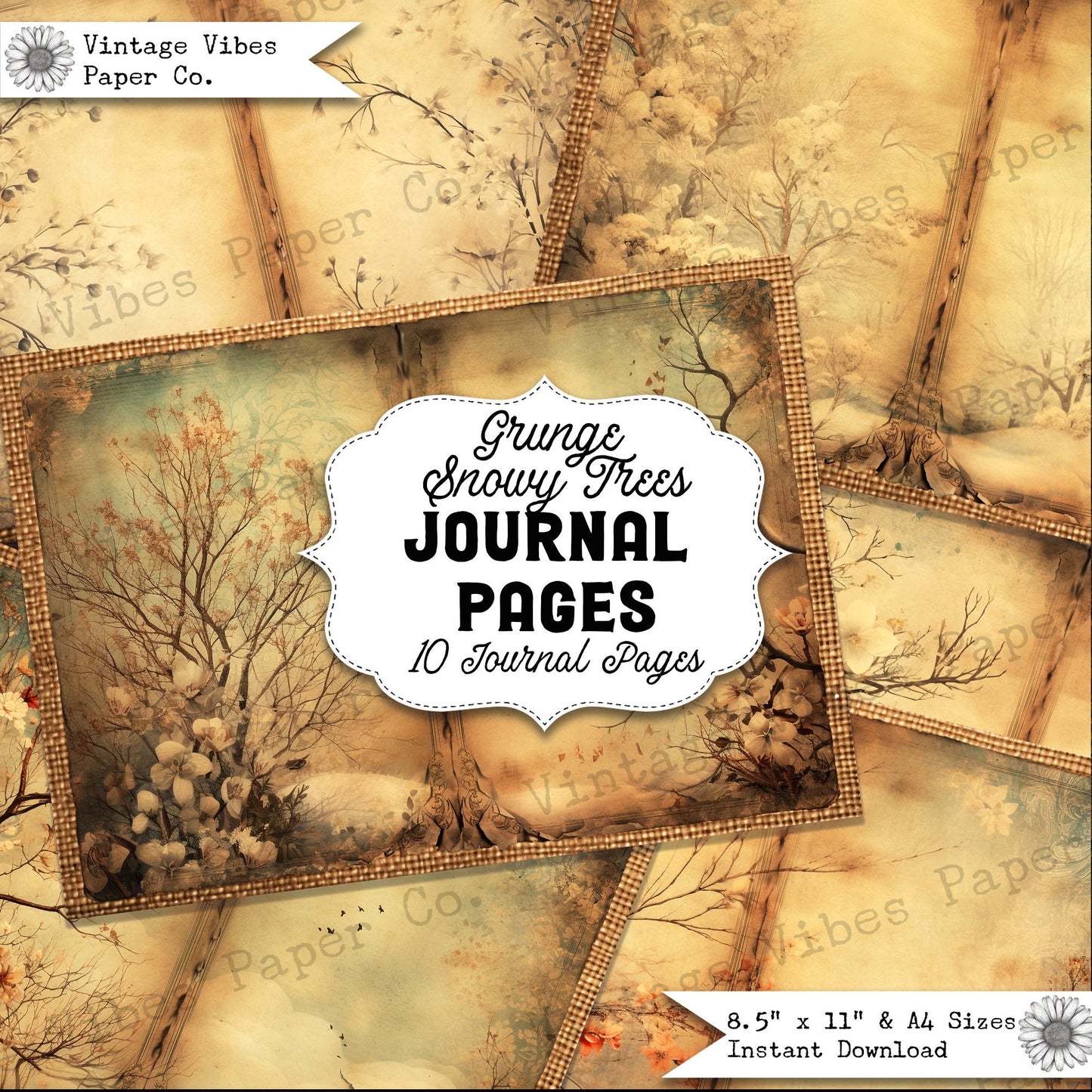 junk journal pages printable, grunge snowy trees, festive winter forrest digital junk journal papers, neutral colour background papers