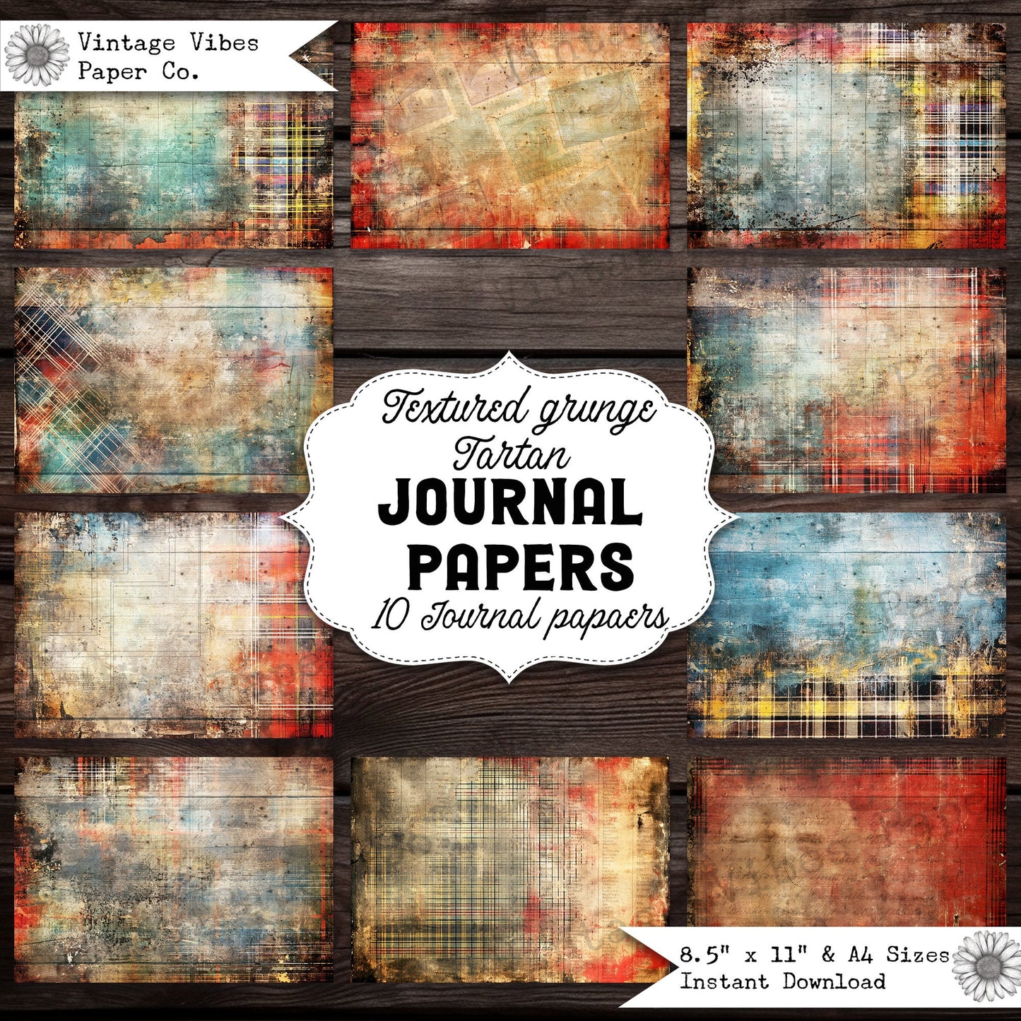 Junk journal papers Grunge tartan, rustic grungy plaid patterned textured collage pages for junk journalling & mixed media collage digital