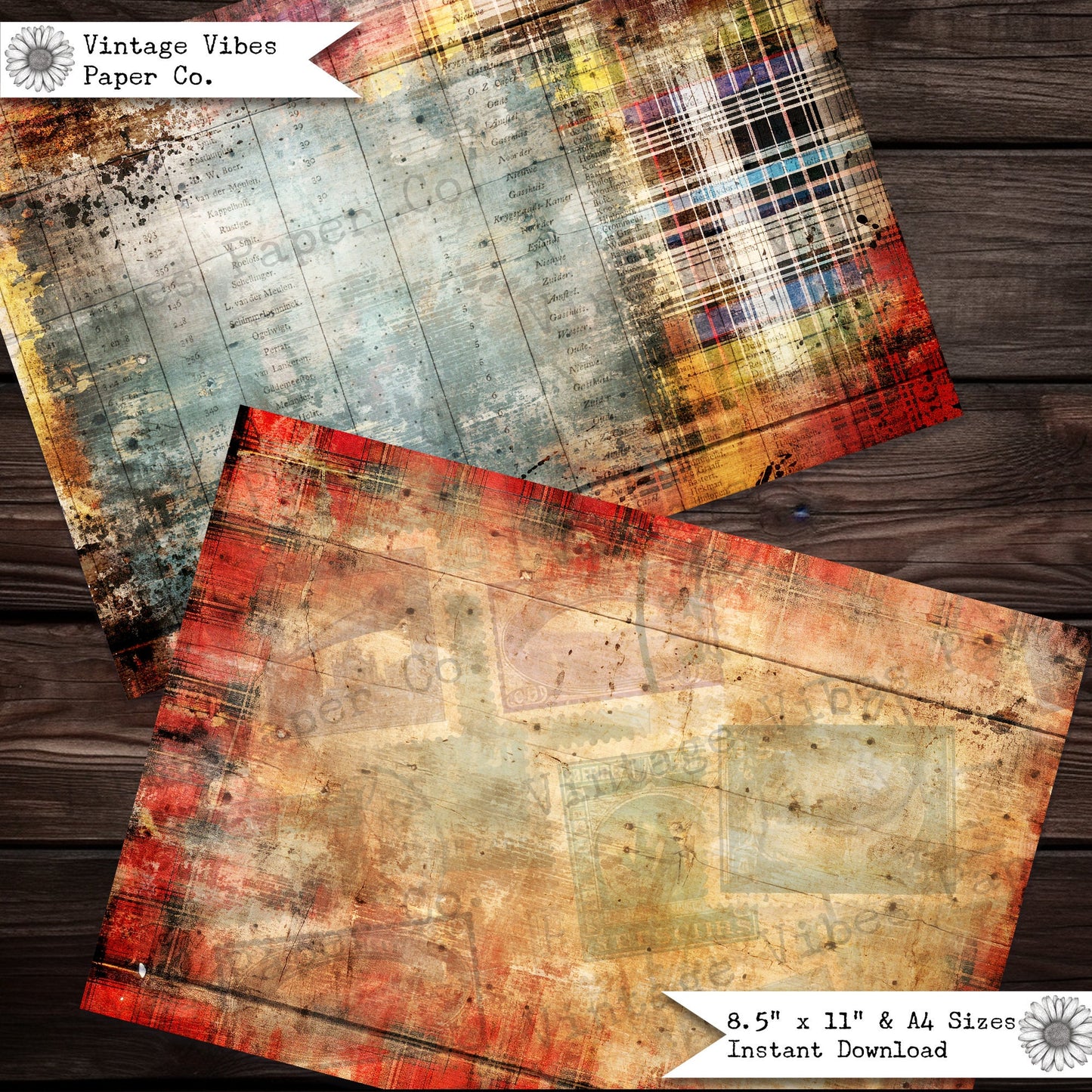 Junk journal papers Grunge tartan, rustic grungy plaid patterned textured collage pages for junk journalling & mixed media collage digital