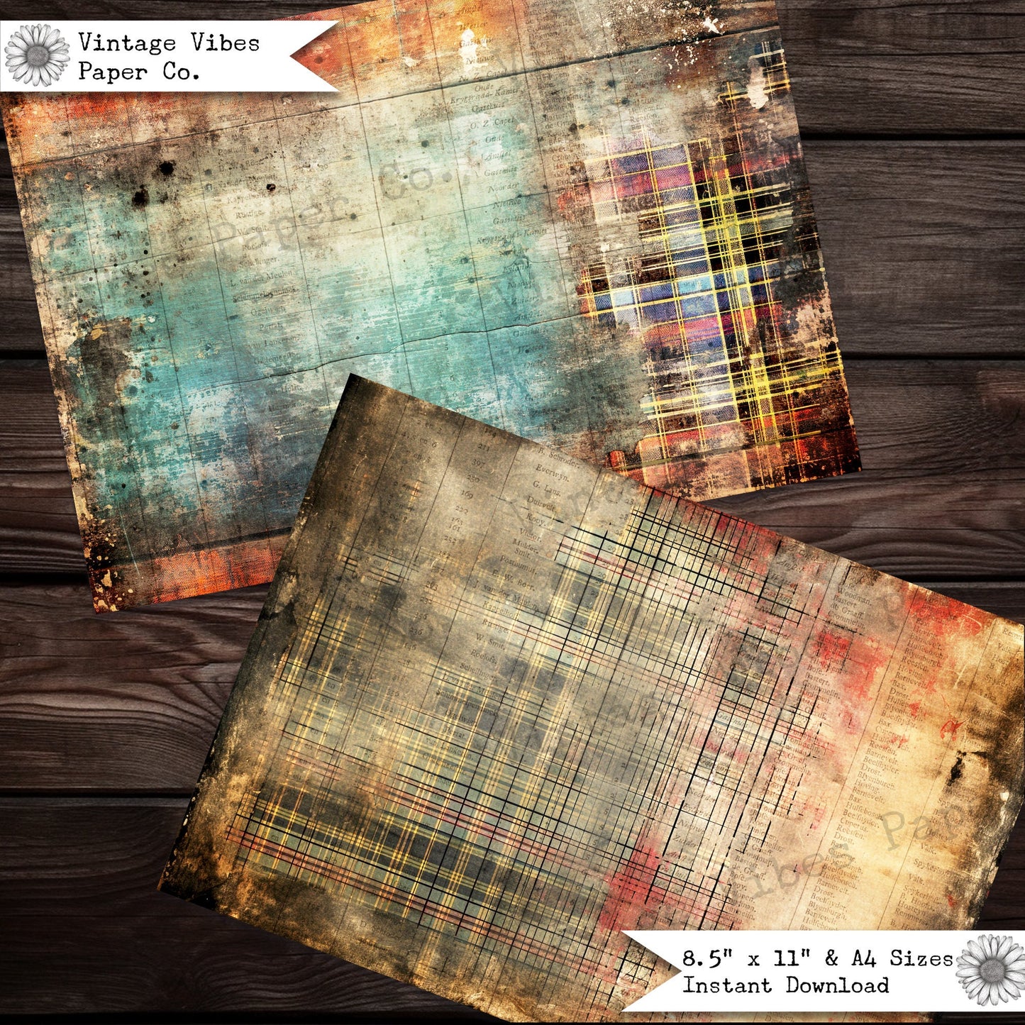 Junk journal papers Grunge tartan, rustic grungy plaid patterned textured collage pages for junk journalling & mixed media collage digital