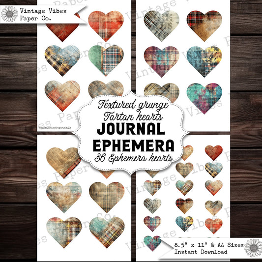 Junk journal grunge tartan heart ephemera, printable ephemera fussy cut kit, grunge junk journal digital ephemera sheets, rustic punk tartan