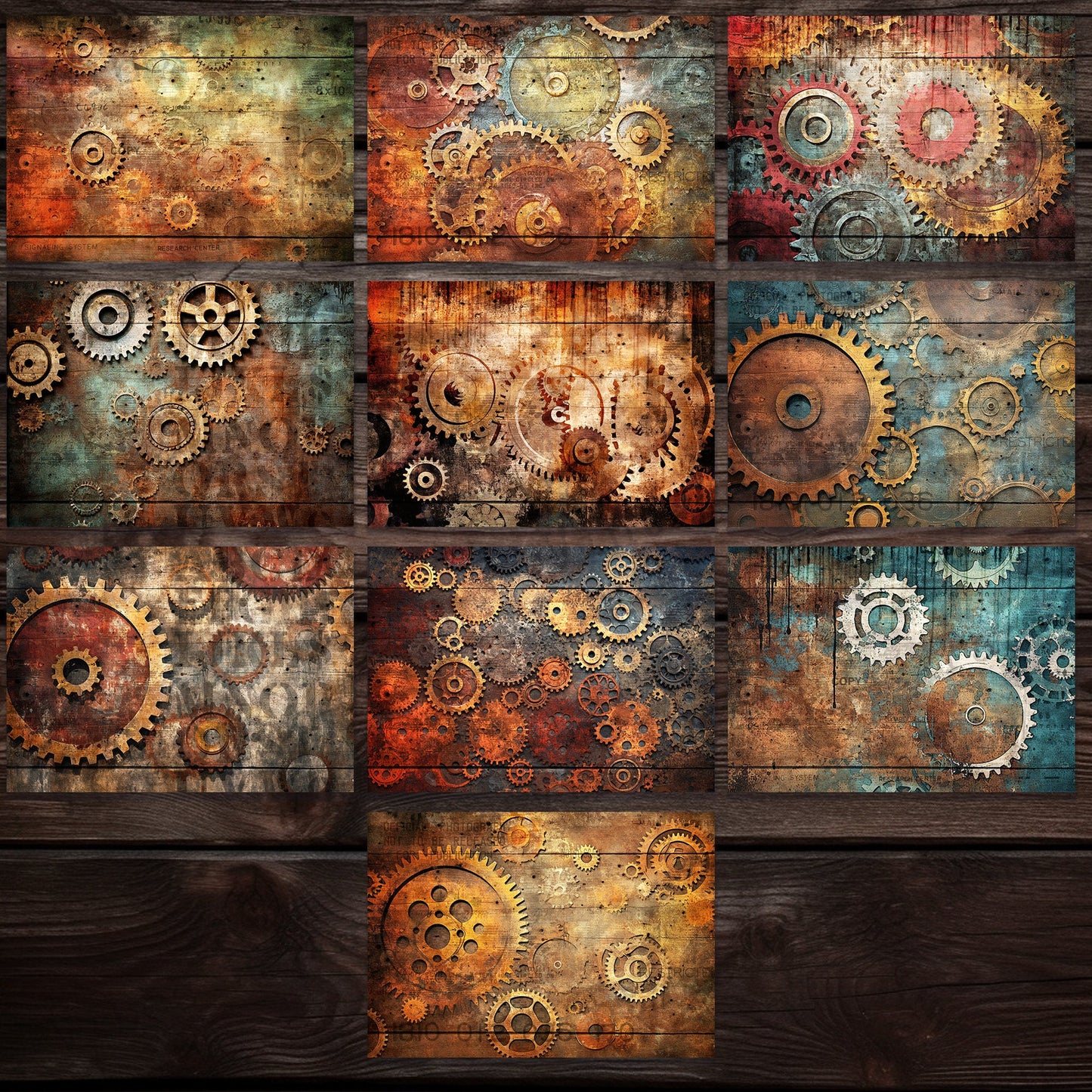 Junk journal papers Grunge cogs, textured rustic mixed media digital papers for junk journals & mixed media collage projects, 10 page kit