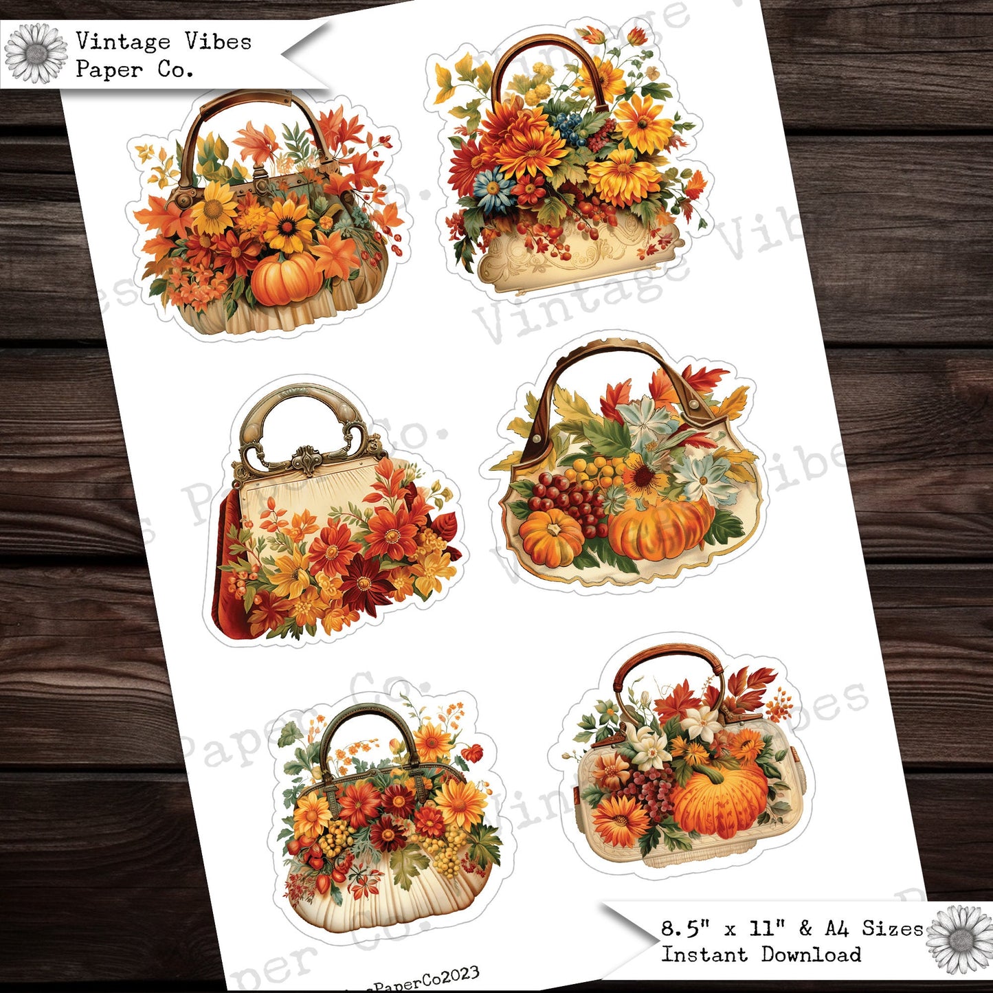 Autumn fussy cut fall handbags, Autumn junk journal digital fussy cuts, flower purse printable ephemera kit, vintage autumn junk journal