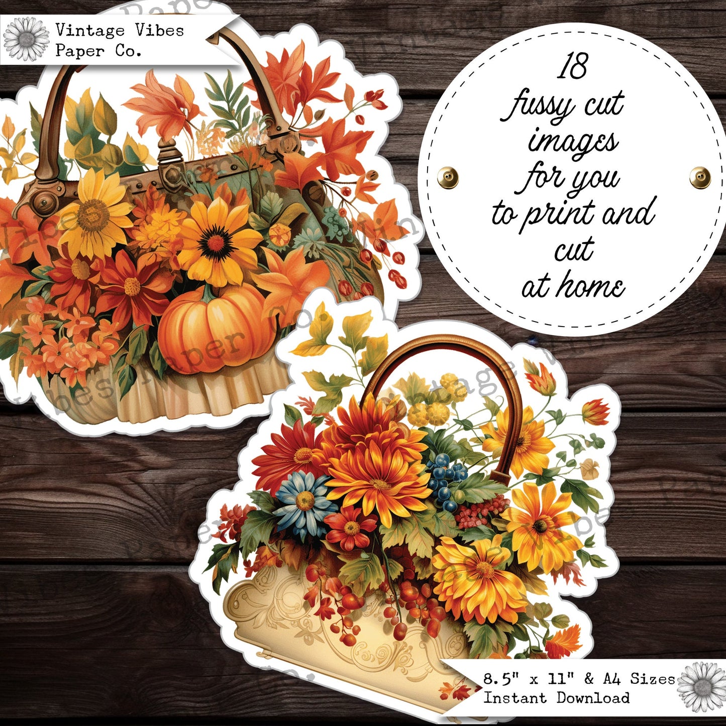 Autumn fussy cut fall handbags, Autumn junk journal digital fussy cuts, flower purse printable ephemera kit, vintage autumn junk journal