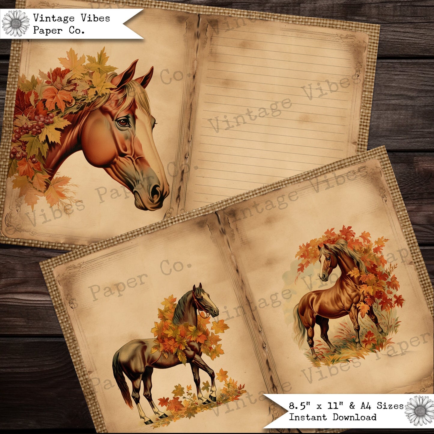 Printable Junk journal pages Autumn horses, fall junk journal paper kit, 10 pages ideal for autumn junk journal, digital paper kit