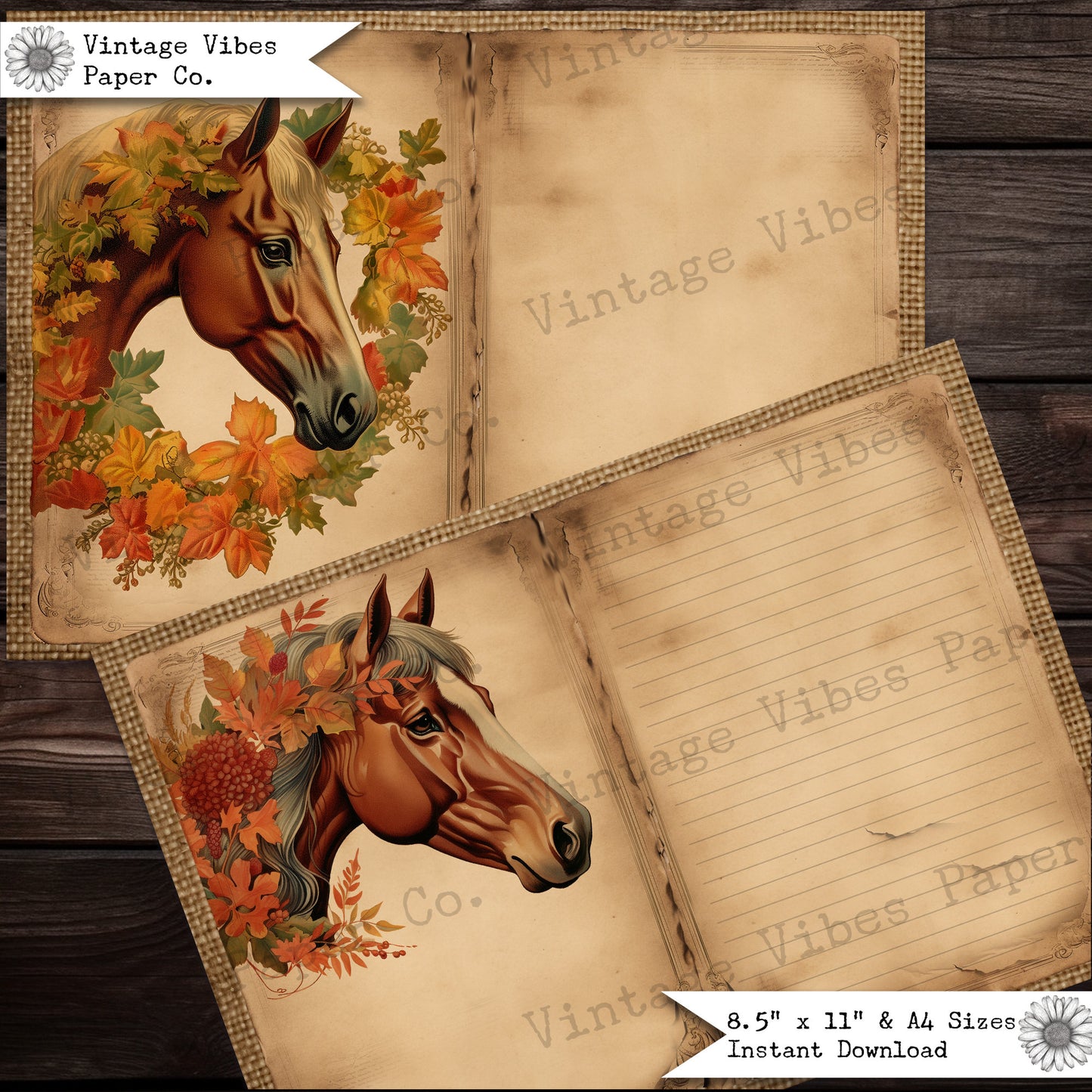 Printable Junk journal pages Autumn horses, fall junk journal paper kit, 10 pages ideal for autumn junk journal, digital paper kit