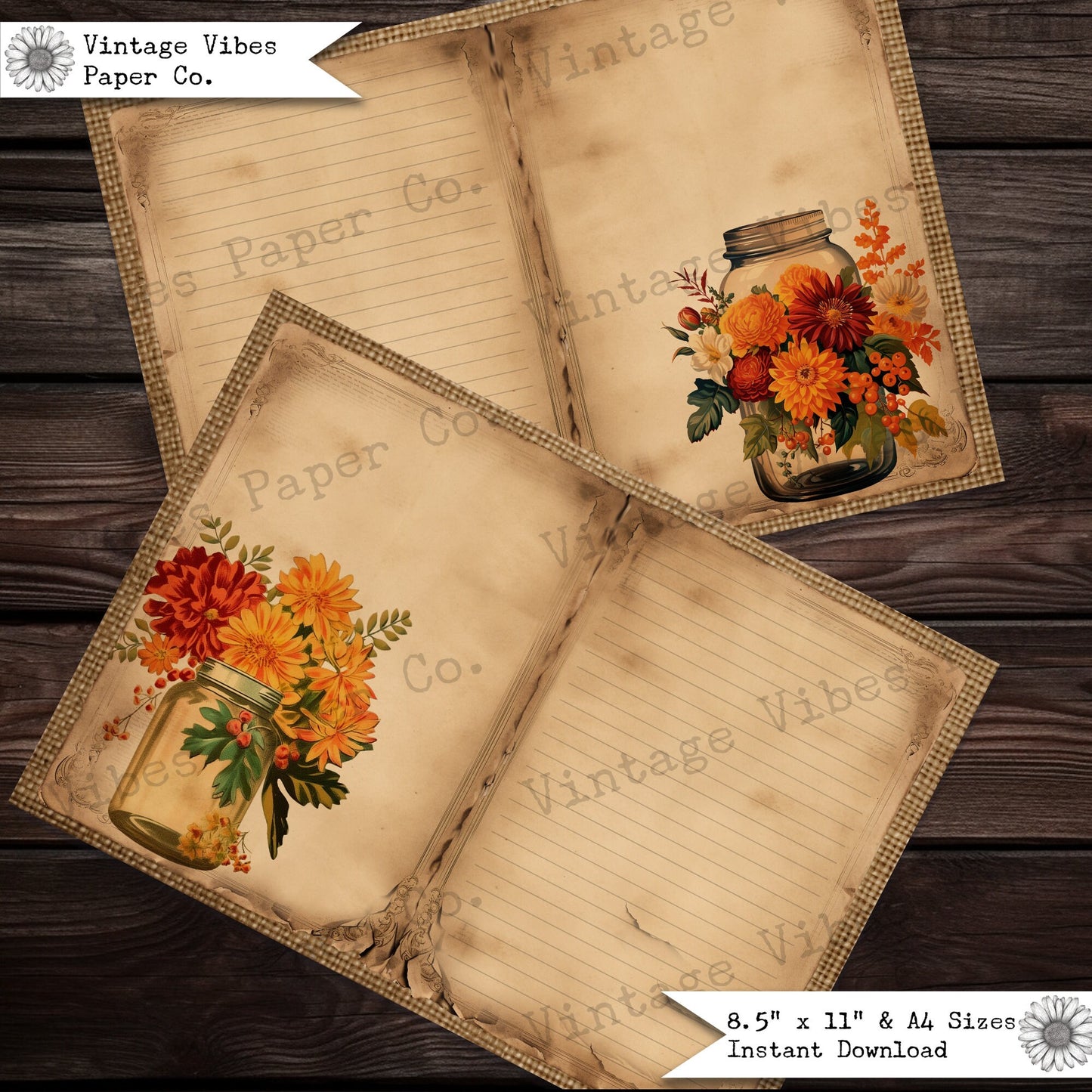 Vintage floral mason jar junk journal pages, printable digital junk journal paper pack, Autumn theme floral junk journal pages, fall theme