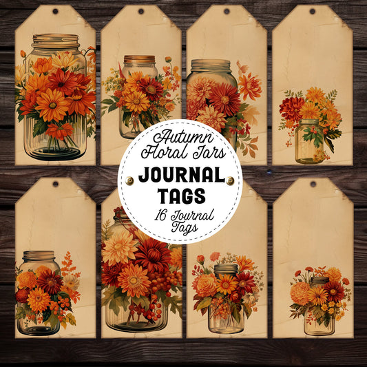 Autumn Floral jar gift tags perfect for fall junk journal, junk journal tag epehemra fall theme, cottage core junk journalling projects