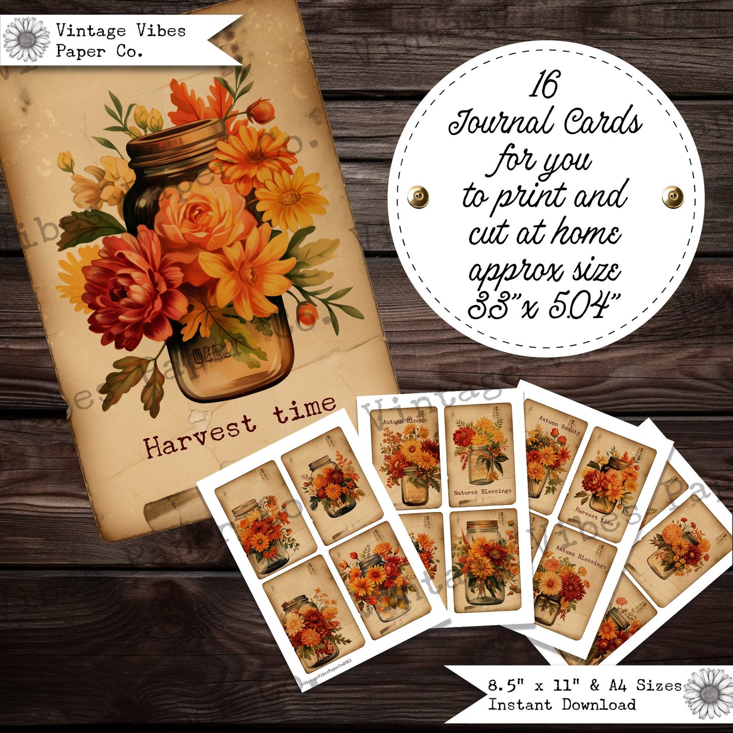 Vintage junk journal cards, floral mason jars perfect for Autumn themed junk journals, vintage botanical fall themed journalling cards