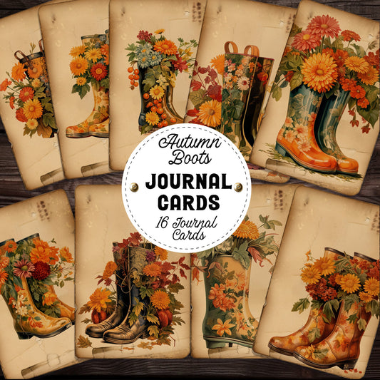 Autumn boots junk Journal cards perfect for fall themed junk journals, digital journalling cards floral rain boots, vintage floral journal