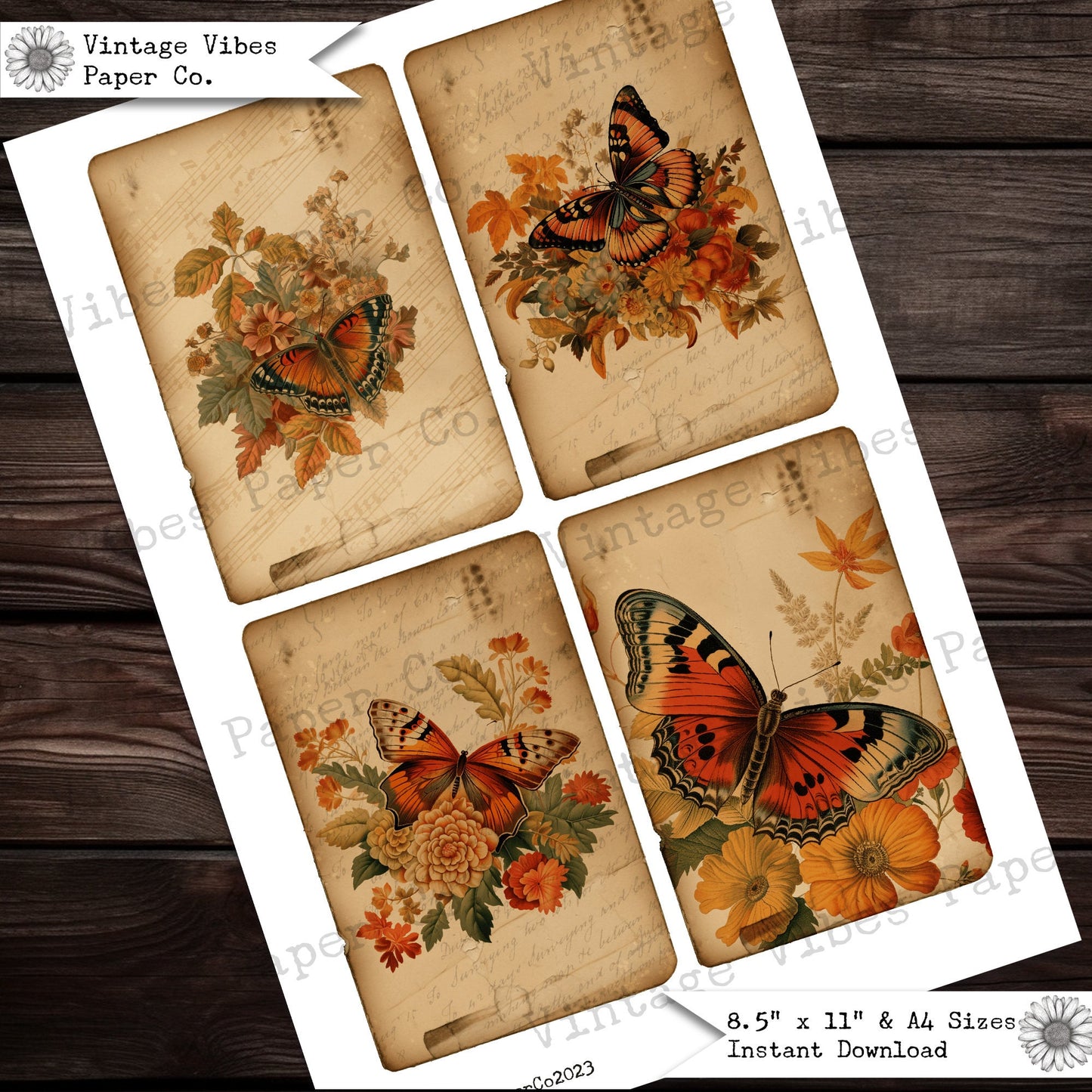 Vintage Autumn butterfly Junk journal cards, 16 printable digital journalling cards ideal for fall junk journal, antique butterfly ephemera