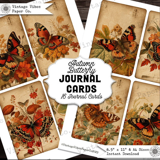 Vintage Autumn butterfly Junk journal cards, 16 printable digital journalling cards ideal for fall junk journal, antique butterfly ephemera