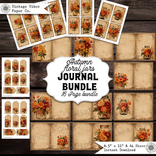 junk journal kit autumn floral jars, digital junk journal papers, printable ephemera including tags & journal cards, vintage  fall themed