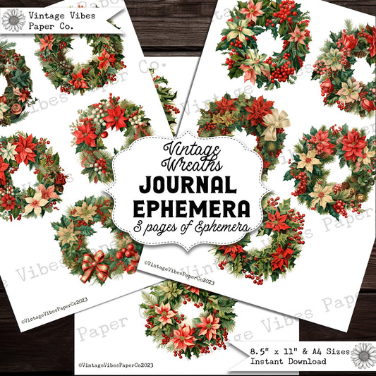 Junk Journal ephemera vintage Christmas wreath, victorian style junk journal ephemera, digital junk journal kit, vintage wreath fussy cut