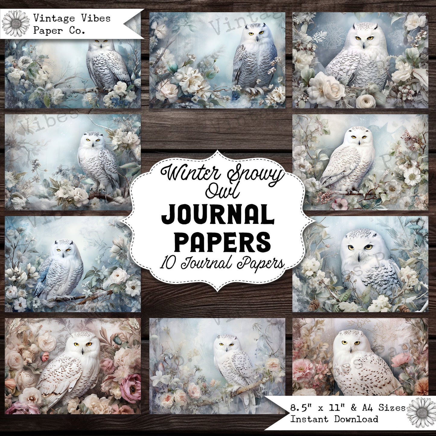 Vintage Junk journal Christmas snowy owls junk journal papers, animal junk journal printable papers,digital collage pages for journaling