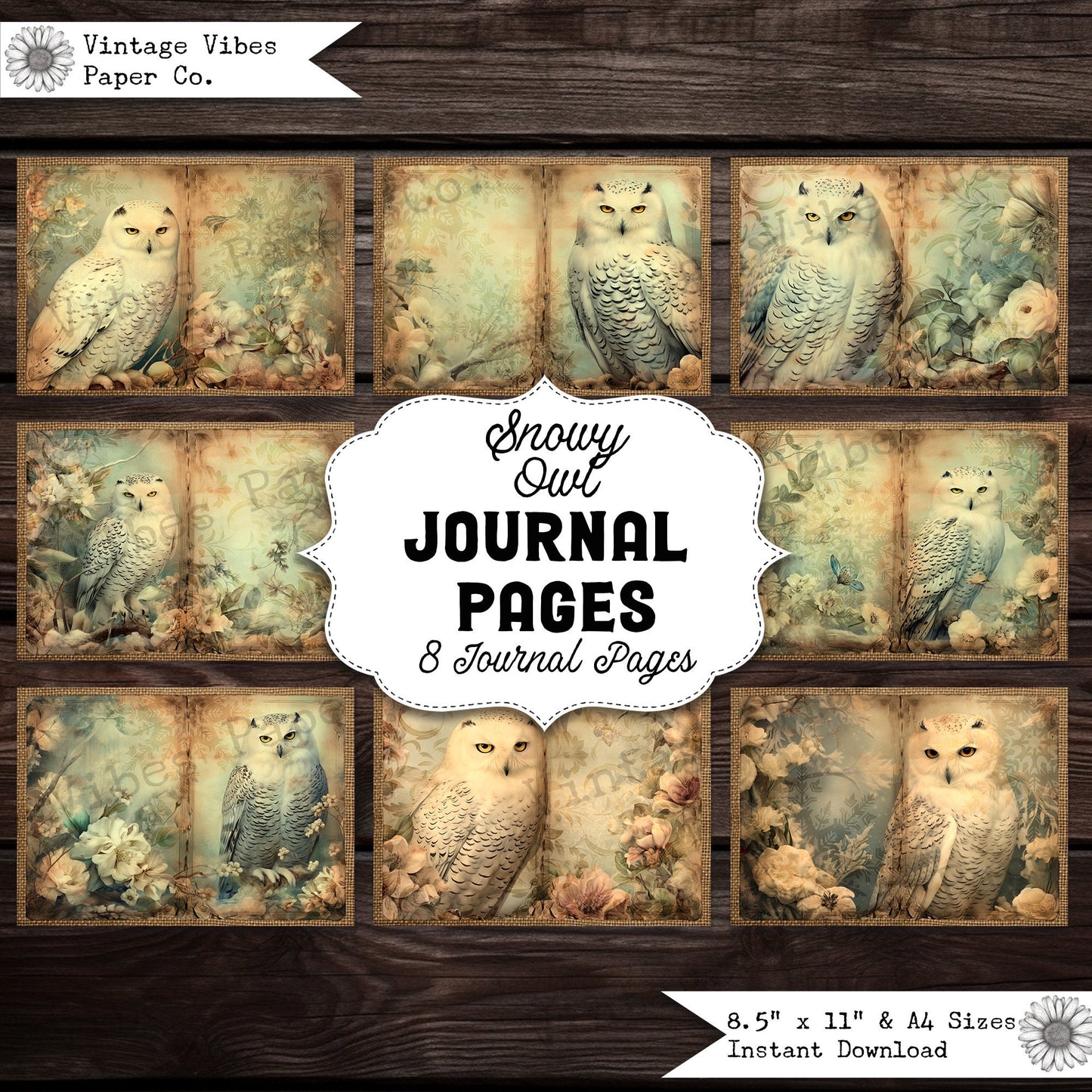 Vintage Junk journal, Christmas snowy owls junk journal pages, animal junk journal printable papers, digital collage pages for journaling