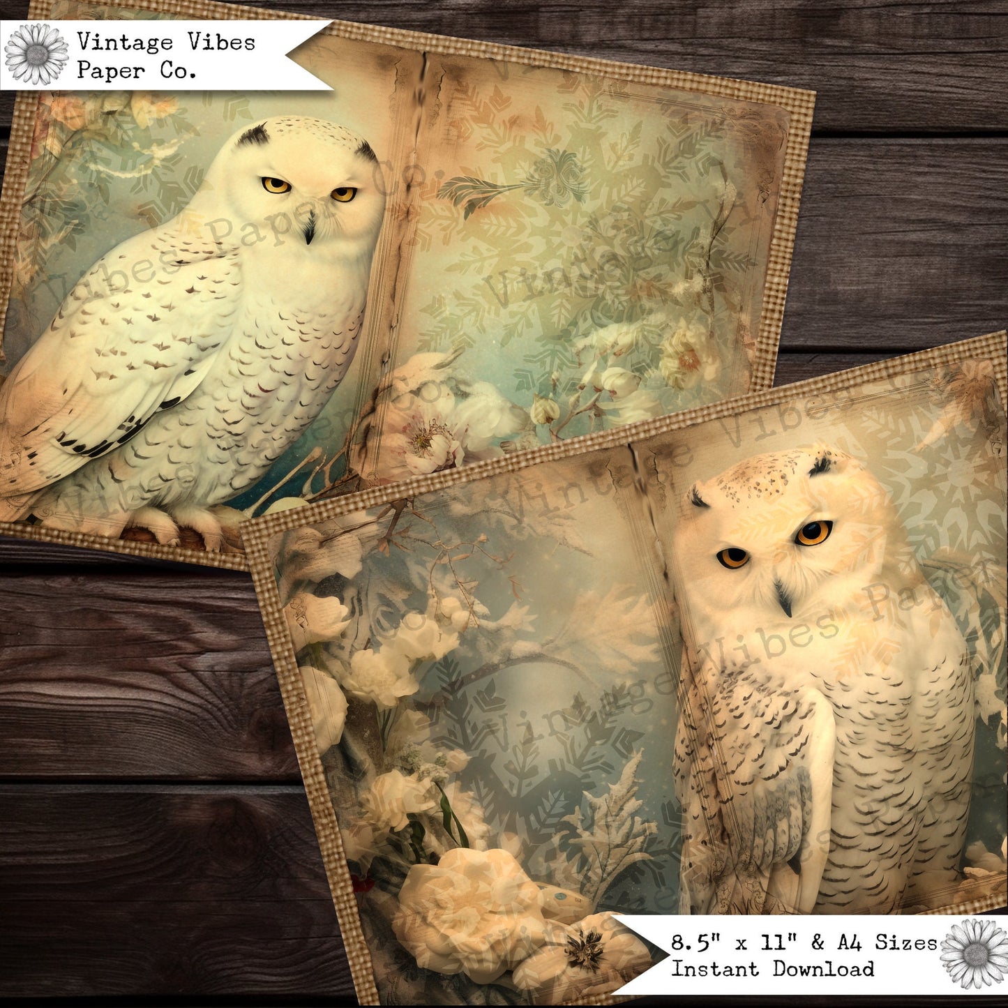 Vintage Junk journal, Christmas snowy owls junk journal pages, animal junk journal printable papers, digital collage pages for journaling