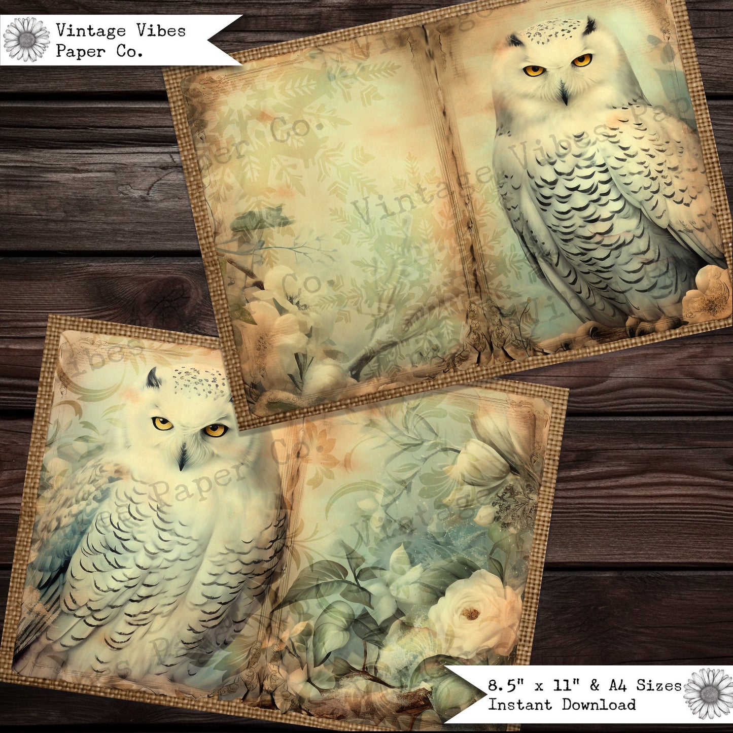 Vintage Junk journal, Christmas snowy owls junk journal pages, animal junk journal printable papers, digital collage pages for journaling