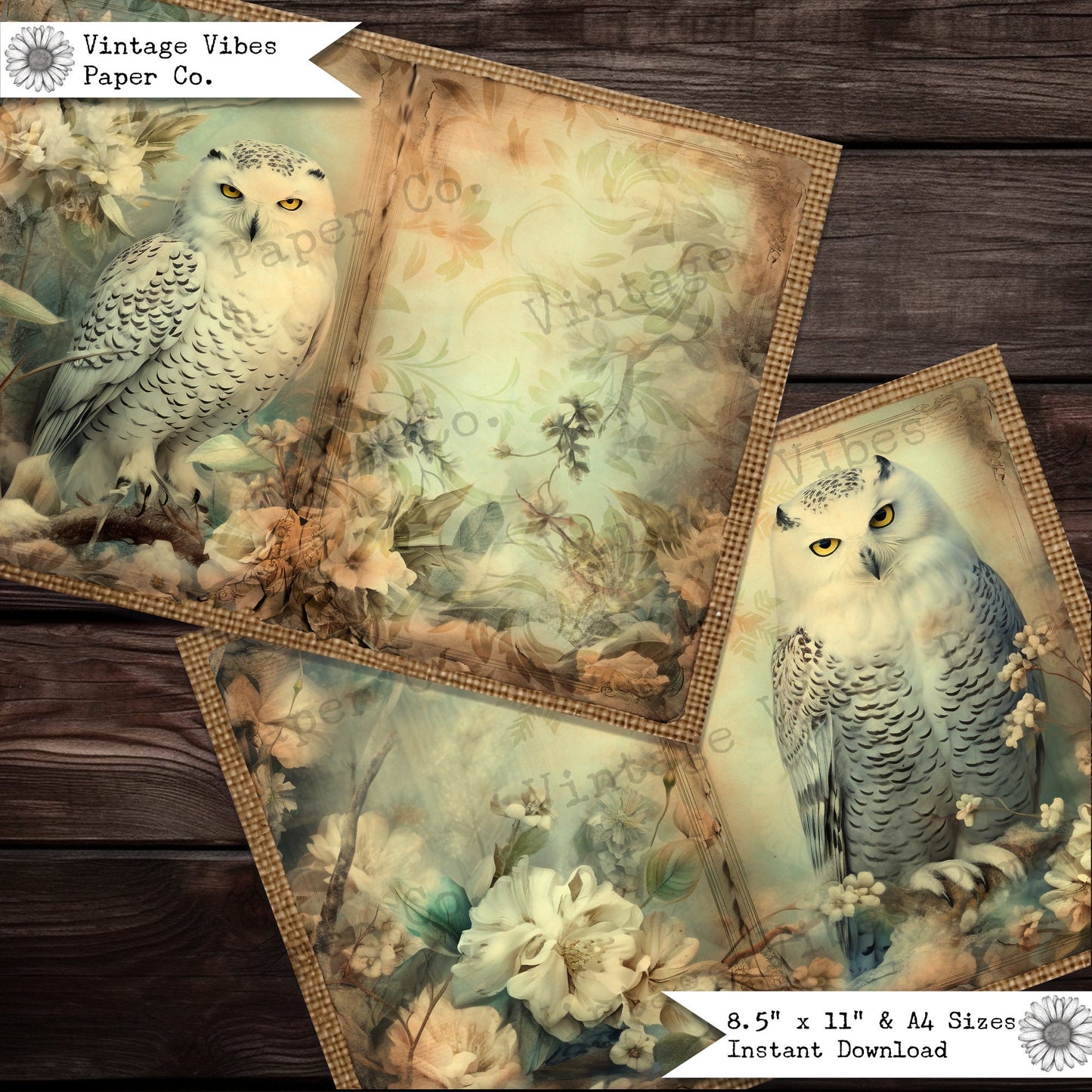 Vintage Junk journal, Christmas snowy owls junk journal pages, animal junk journal printable papers, digital collage pages for journaling