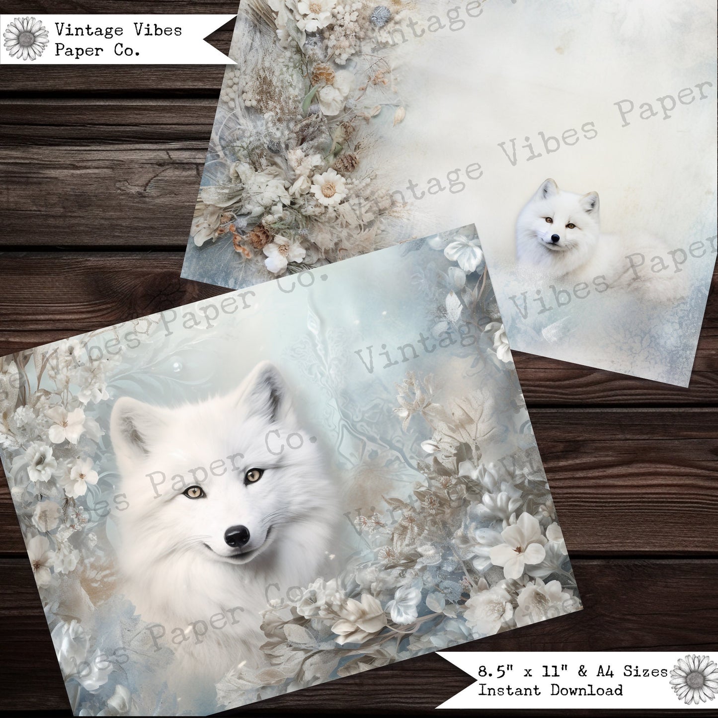 Vintage Christmas Junk journal floral arctic fox junk journal papers, animal journal page printable paper, digital collage paper for journal