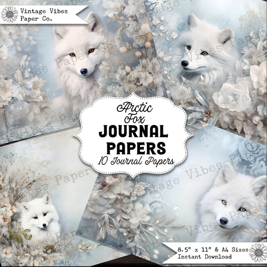 Vintage Christmas Junk journal floral arctic fox junk journal papers, animal journal page printable paper, digital collage paper for journal