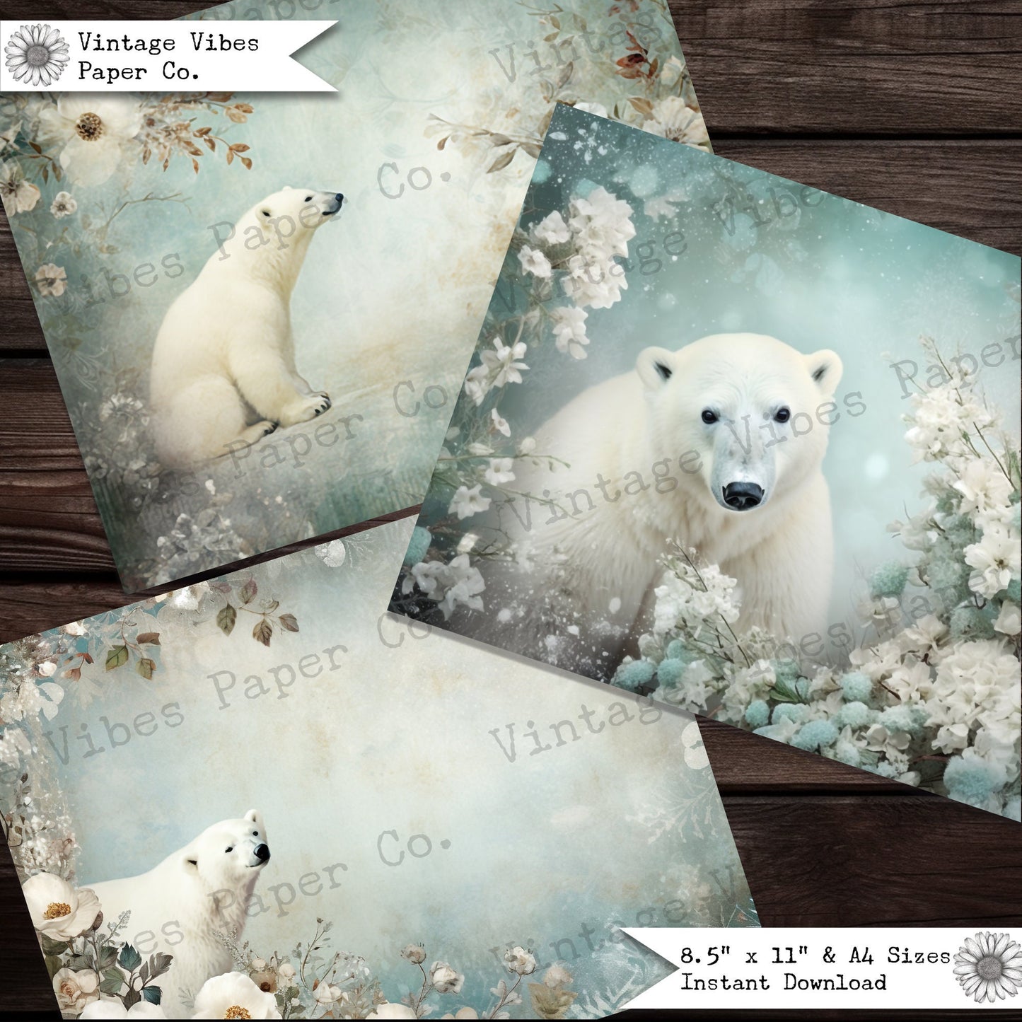 Floral Polar Bear Vintage junk journal papers, digital instant download printable papers, vintage style background papers for junk journals