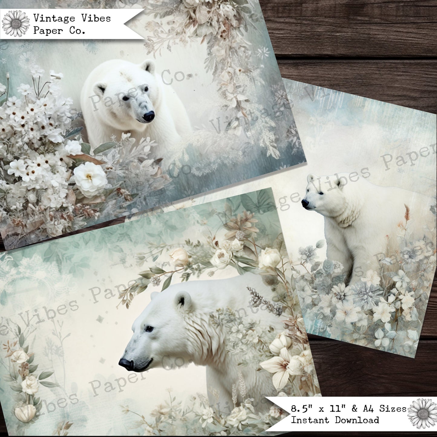 Floral Polar Bear Vintage junk journal papers, digital instant download printable papers, vintage style background papers for junk journals