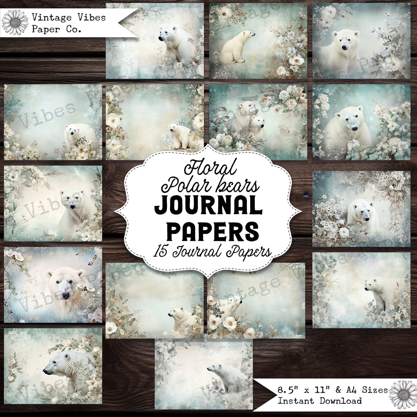 Floral Polar Bear Vintage junk journal papers, digital instant download printable papers, vintage style background papers for junk journals