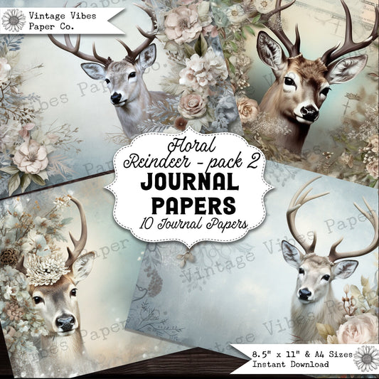 Junk journal paper pack, floral reindeer vintage style collage paper sheets, digital papers for Christmas winter junk journal & scrapbooks