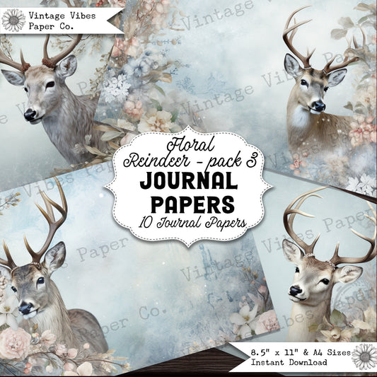 Junk journal papers floral reindeer, digital christmas printable papers, vintage deer festive junk journal pages, winter journal spread